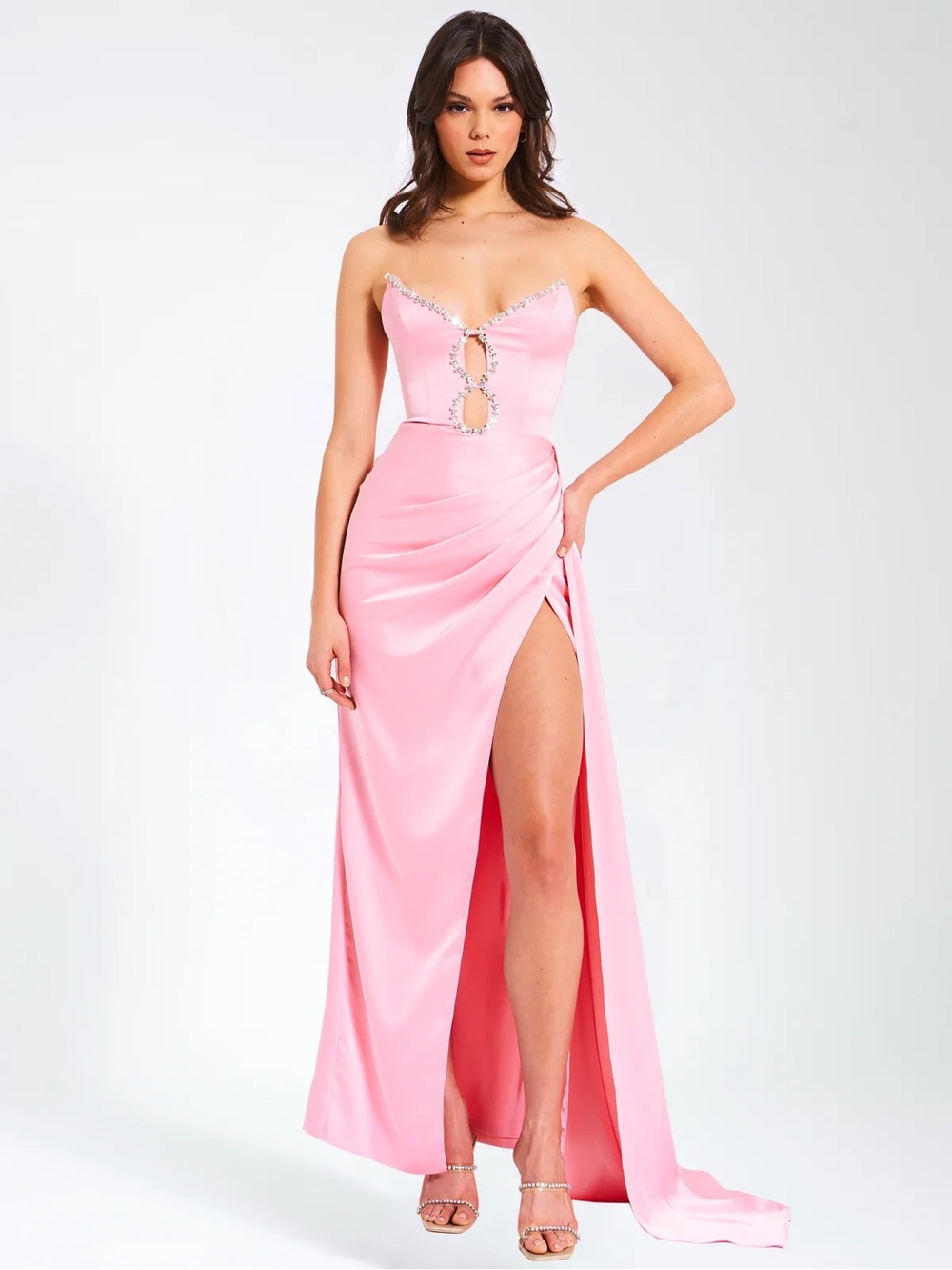 Strapless Pink Maxi Dress with Rhinestone Cutouts and High Slit